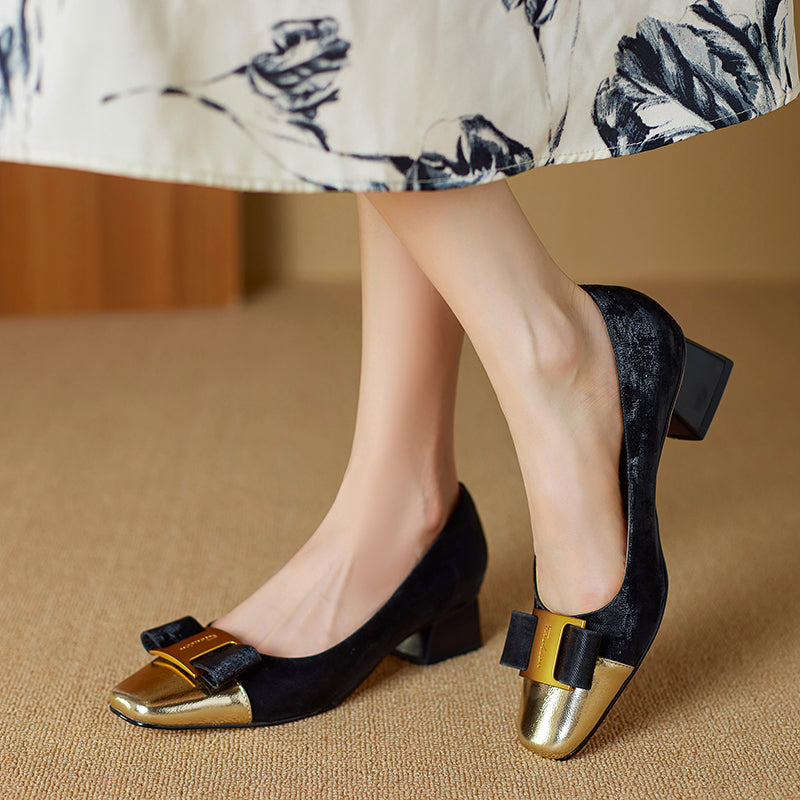 Women's Low Heel Silk Cowhide Patchwork Bowknot Pumps - RetroStep