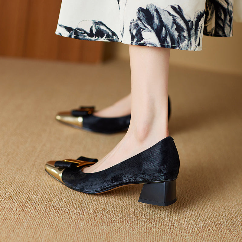 Women's Low Heel Silk Cowhide Patchwork Bowknot Pumps - RetroStep