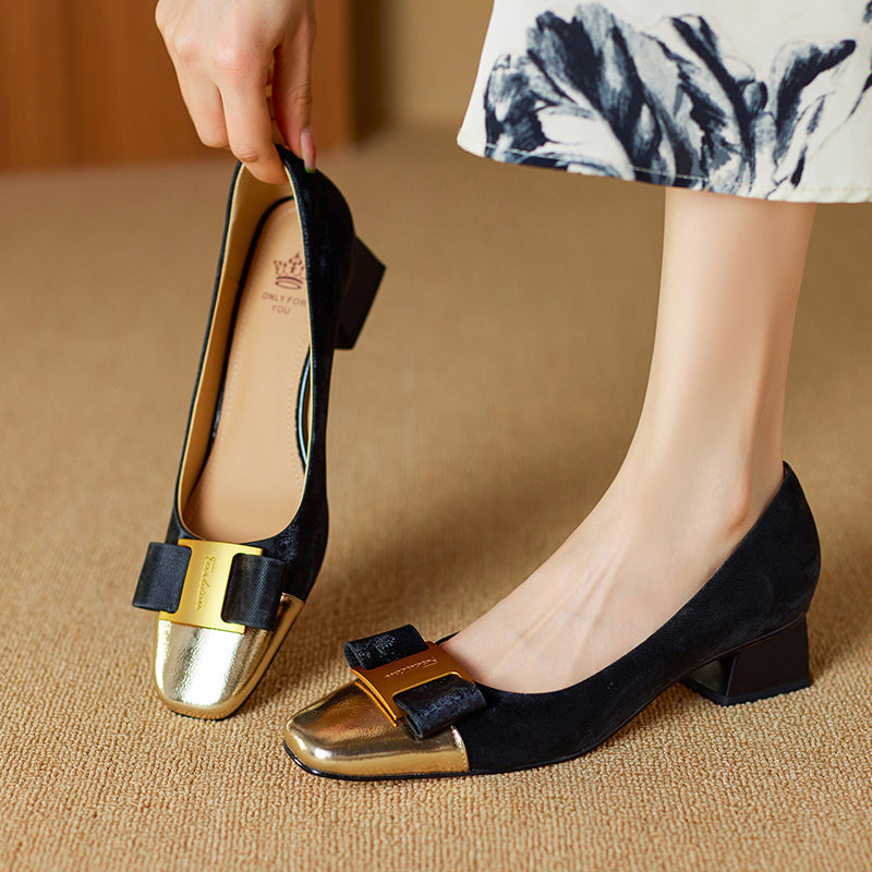 Women's Low Heel Silk Cowhide Patchwork Bowknot Pumps - RetroStep