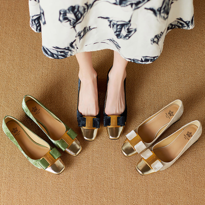 Women's Low Heel Silk Cowhide Patchwork Bowknot Pumps - RetroStep