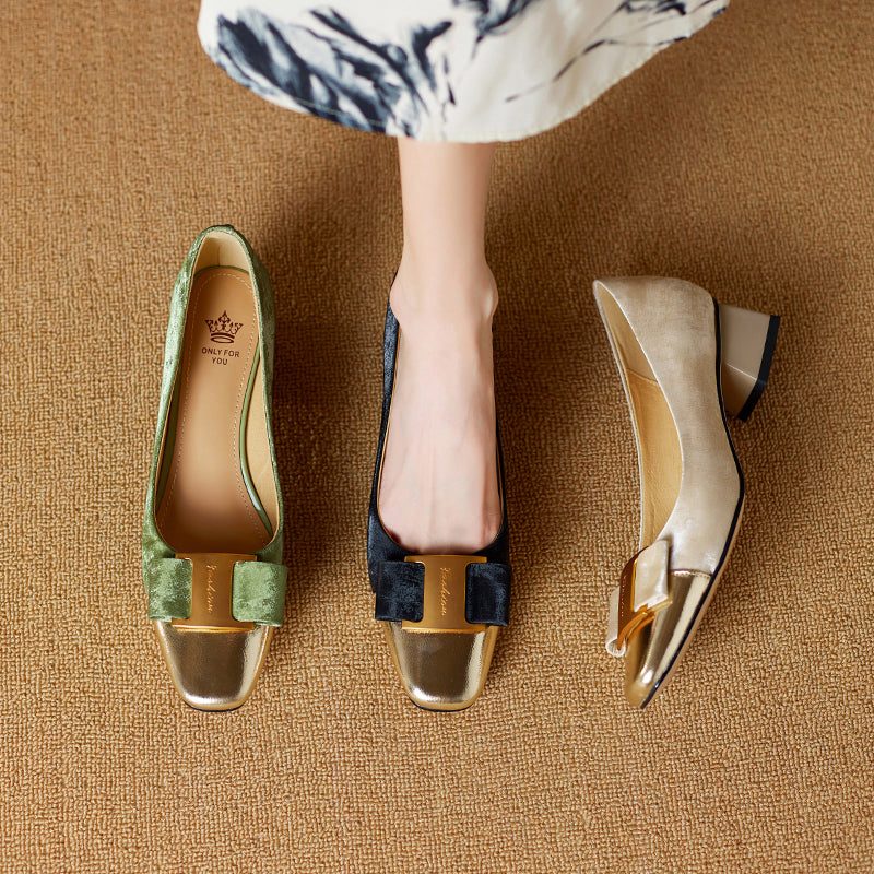 Women's Low Heel Silk Cowhide Patchwork Bowknot Pumps - RetroStep