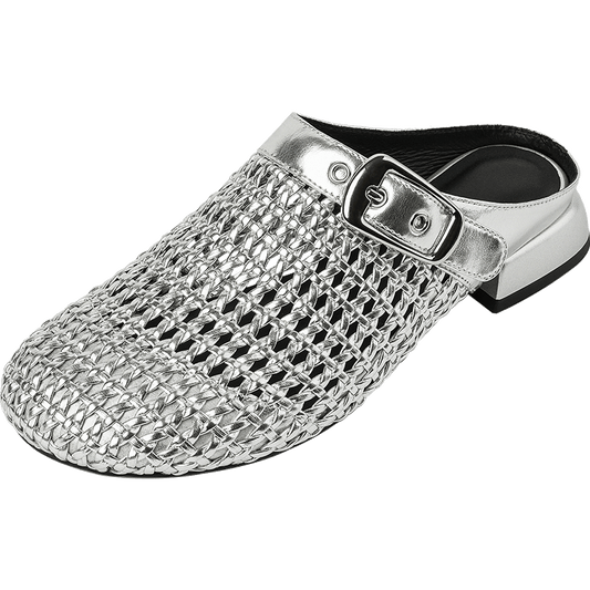 Women's Hollow Out Leather Low Heel Buckle Summer Mule Sandals