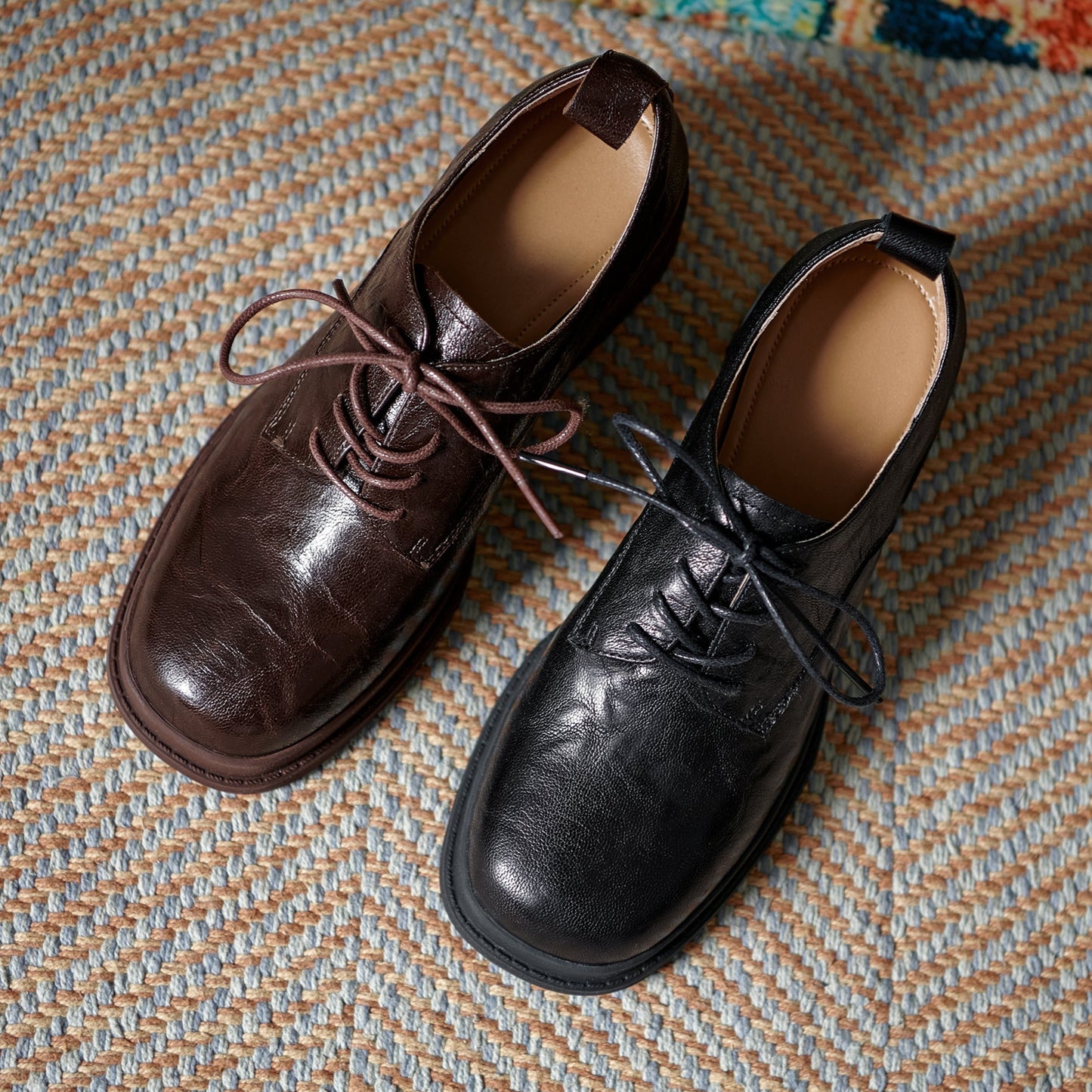 Women's Vintage Block Heels Leather Oxfords & Tie Shoes Lace-up mid-heel