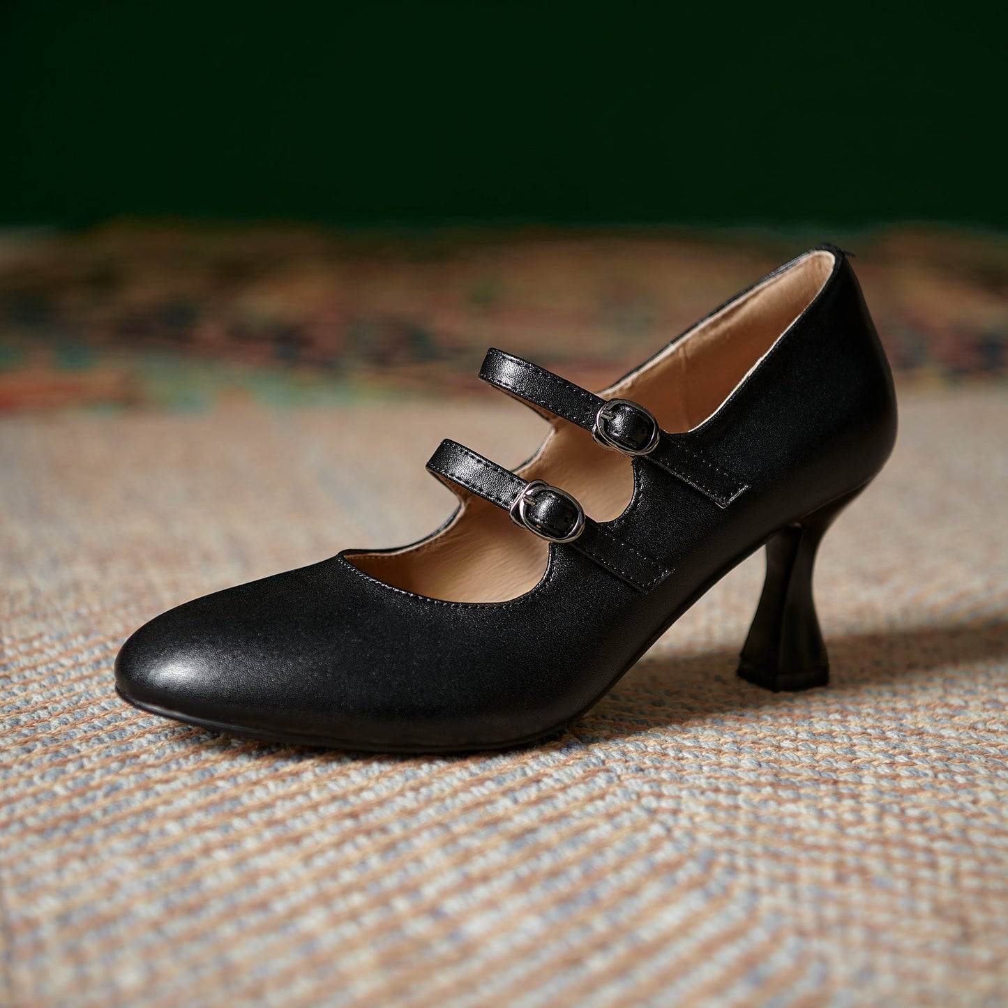Women's Sheepskin Leather Mary Janes Double-Strap Mid Heel Pumps