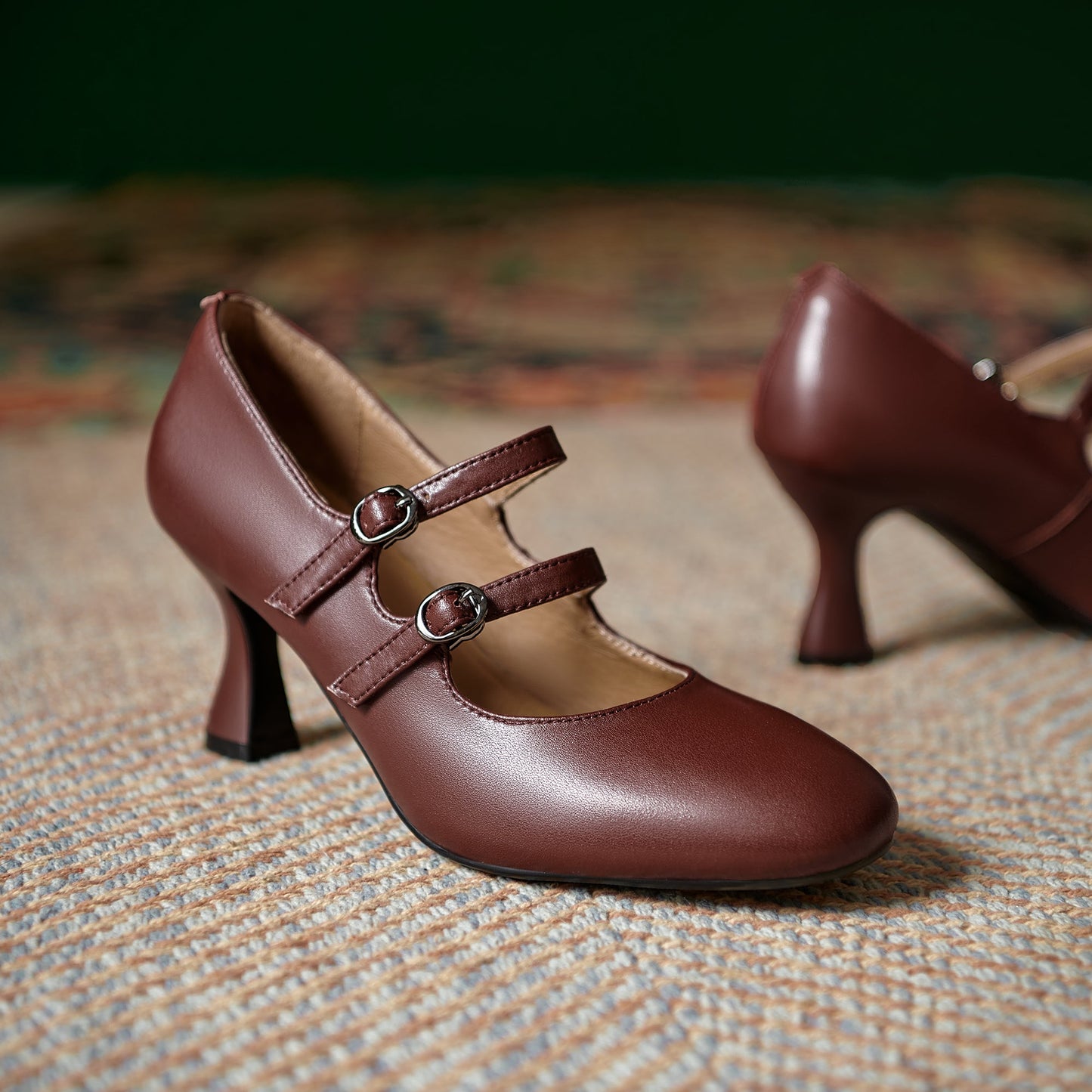 Women's Sheepskin Leather Mary Janes Double-Strap Mid Heel Pumps