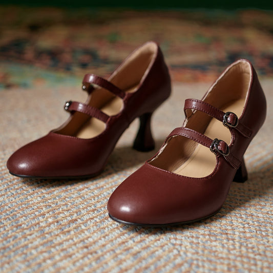 Women's Sheepskin Leather Mary Janes Double-Strap Mid Heel Pumps