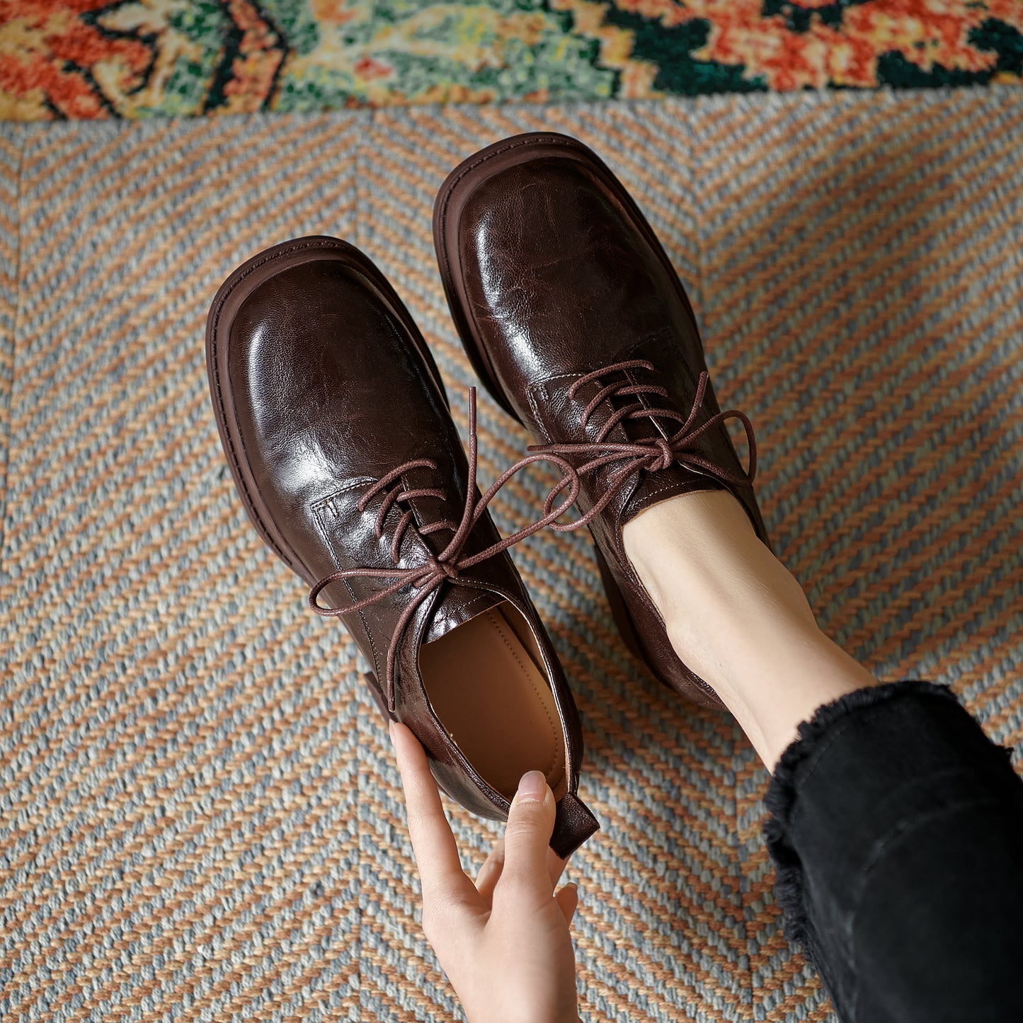 Women's Vintage Block Heels Leather Oxfords & Tie Shoes Lace-up mid-heel