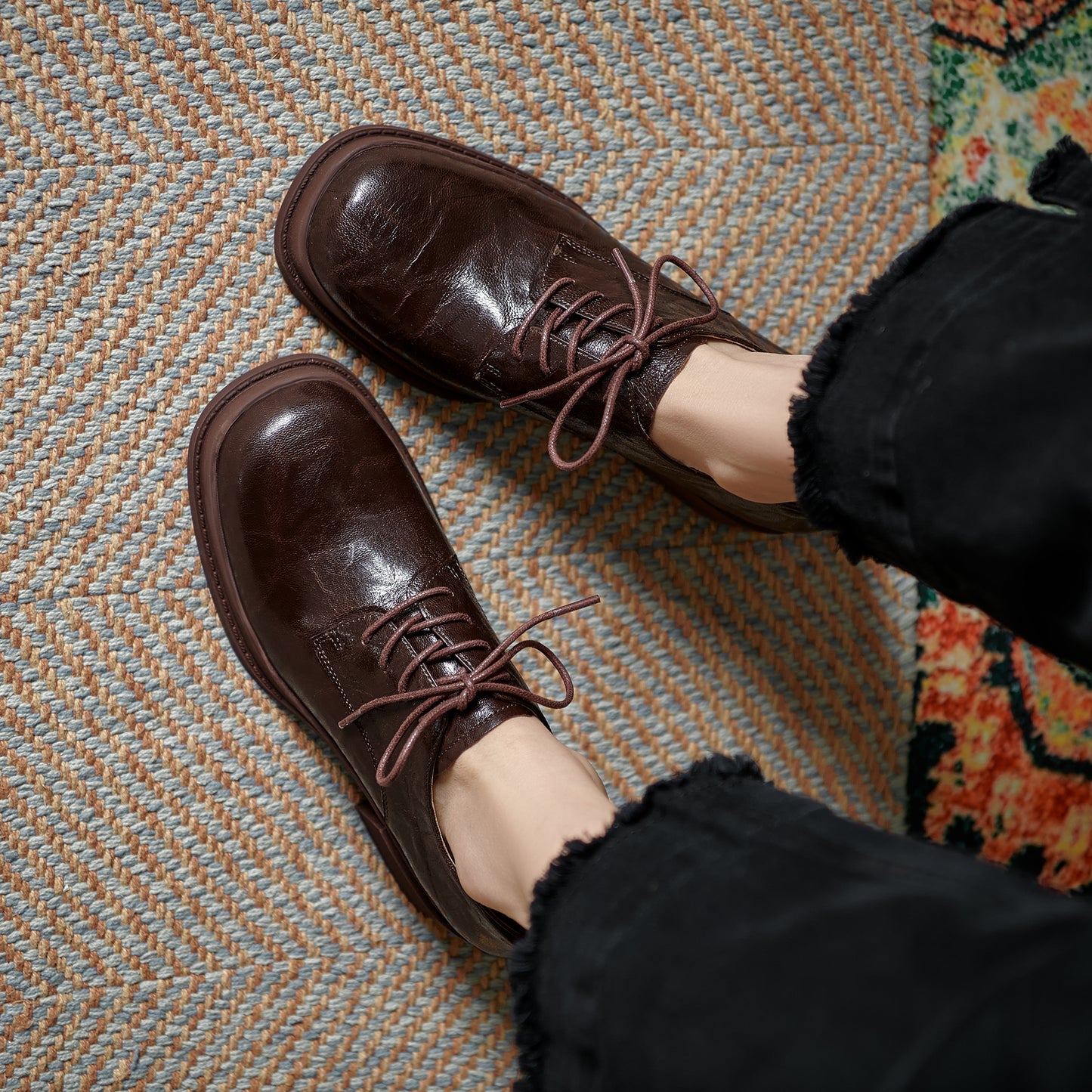 Women's Vintage Block Heels Leather Oxfords & Tie Shoes Lace-up mid-heel