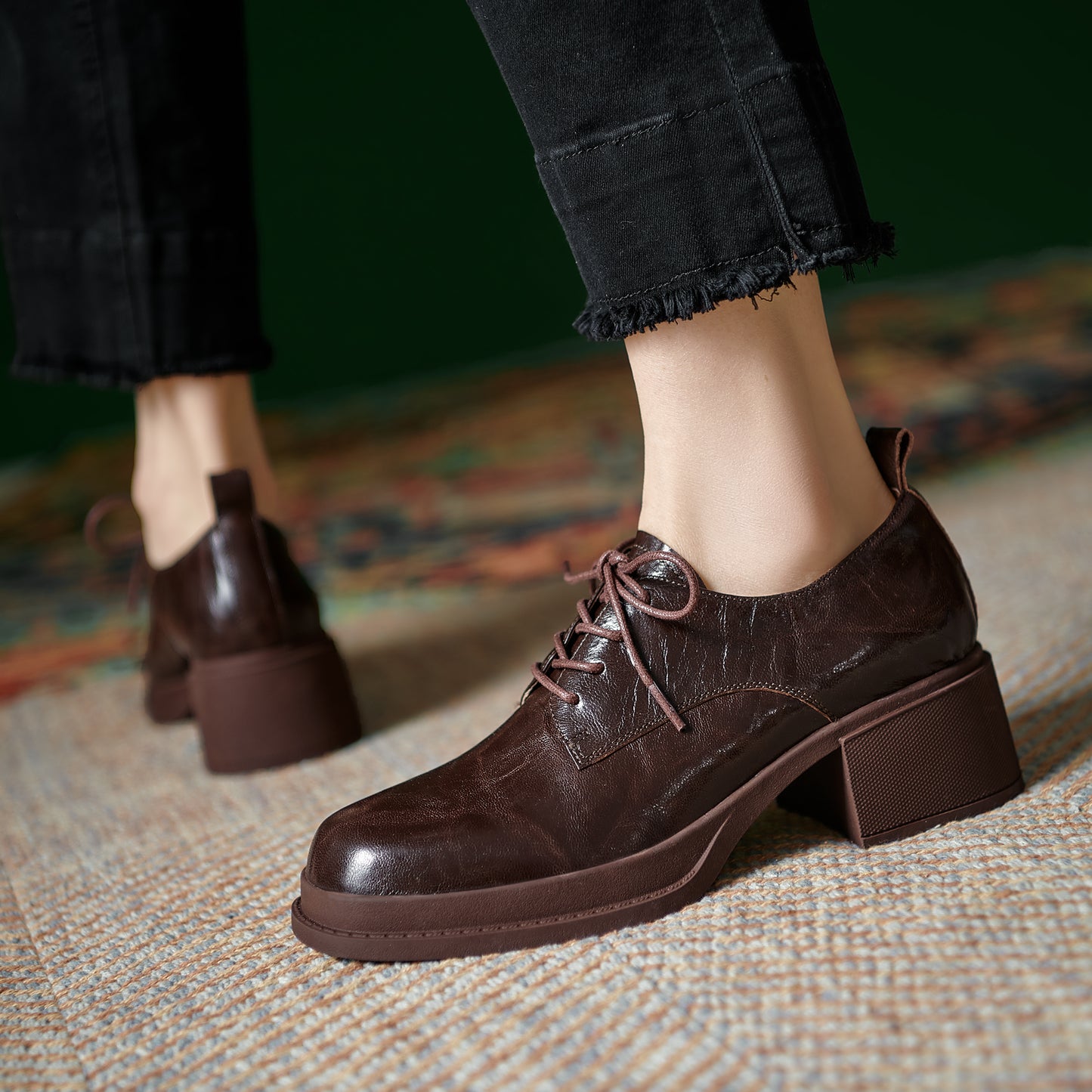 Women's Vintage Block Heels Leather Oxfords & Tie Shoes Lace-up mid-heel