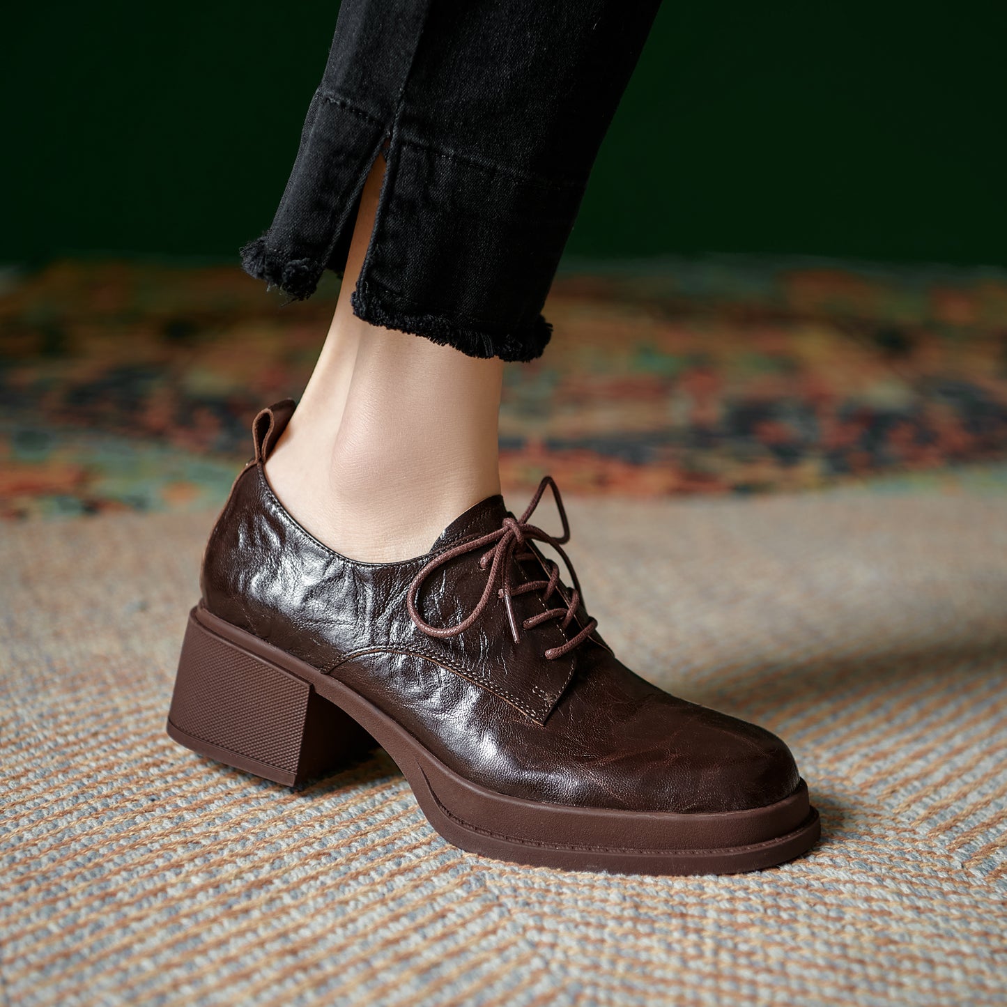 Women's Vintage Block Heels Leather Oxfords & Tie Shoes Lace-up mid-heel