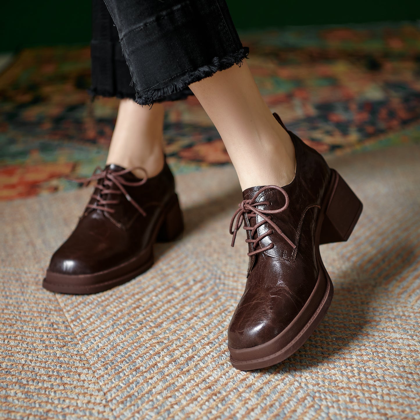 Women's Vintage Block Heels Leather Oxfords & Tie Shoes Lace-up mid-heel