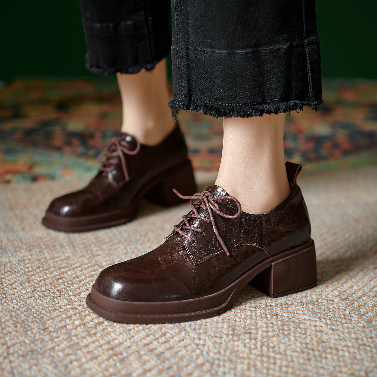 Women's Vintage Block Heels Leather Oxfords & Tie Shoes Lace-up mid-heel