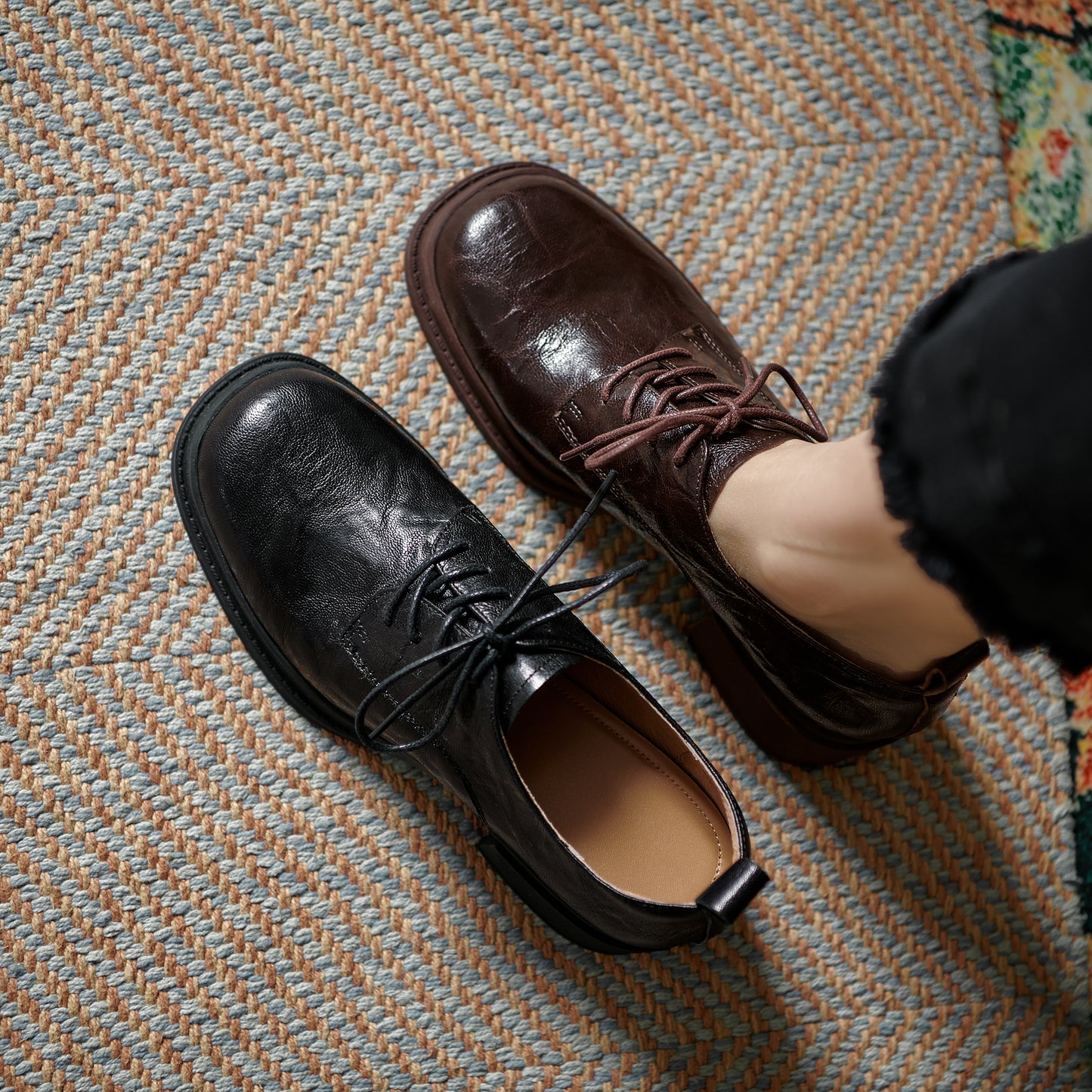 Women's Vintage Block Heels Leather Oxfords & Tie Shoes Lace-up mid-heel