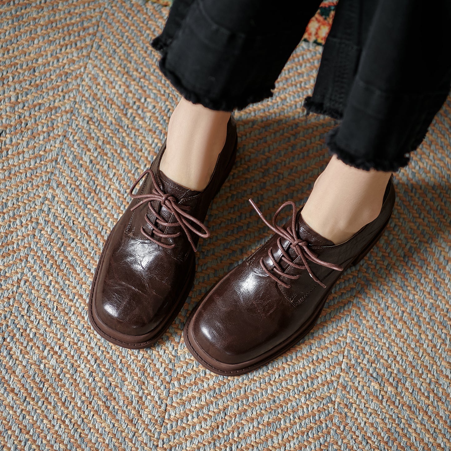 Women's Vintage Block Heels Leather Oxfords & Tie Shoes Lace-up mid-heel