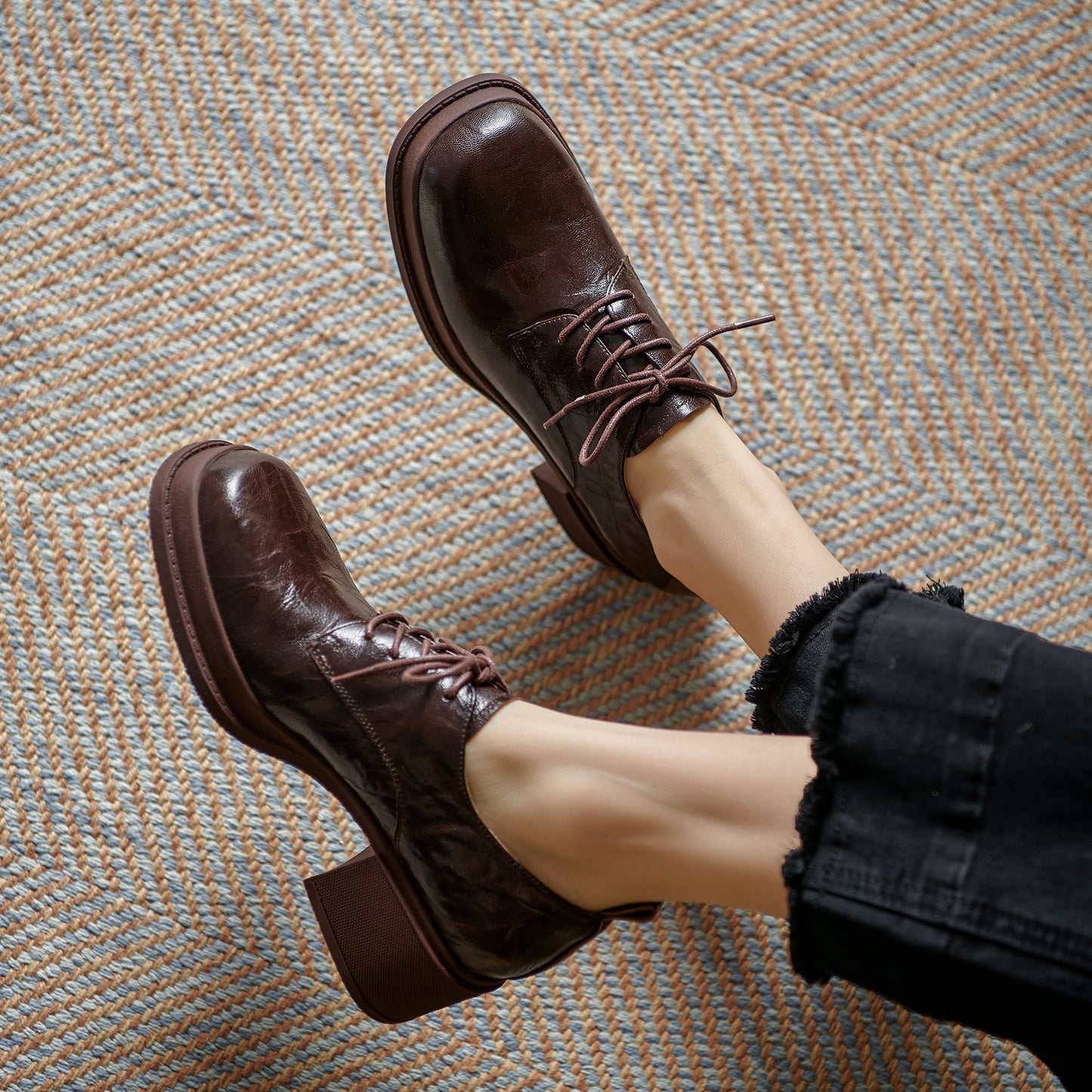 Women's Vintage Block Heels Leather Oxfords & Tie Shoes Lace-up mid-heel