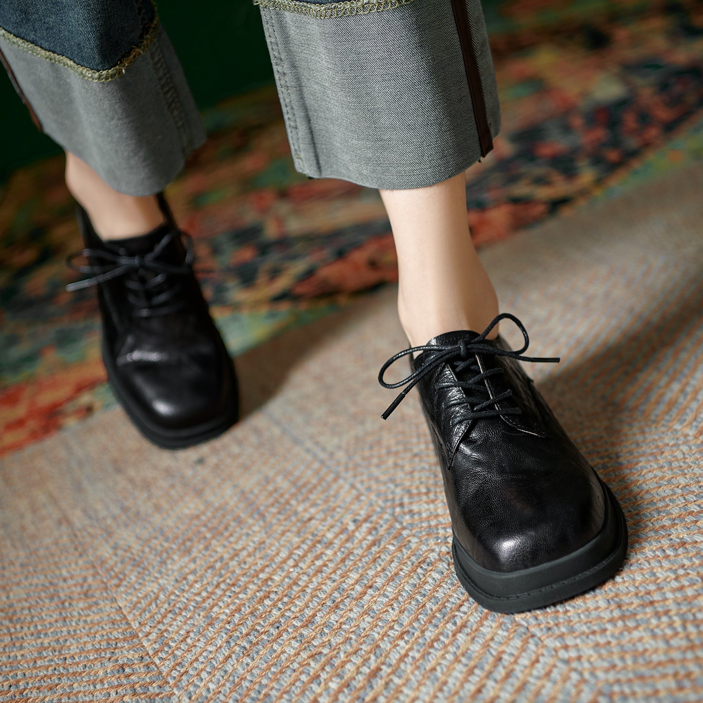 Women's Vintage Block Heels Leather Oxfords & Tie Shoes Lace-up mid-heel