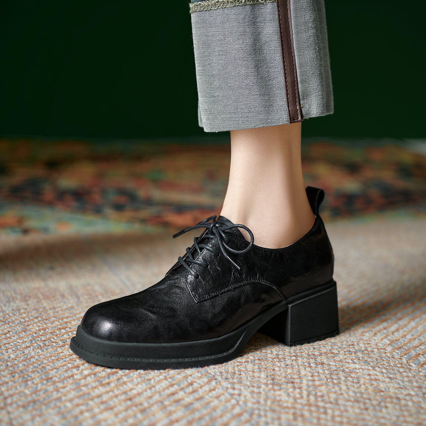 Women's Vintage Block Heels Leather Oxfords & Tie Shoes Lace-up mid-heel