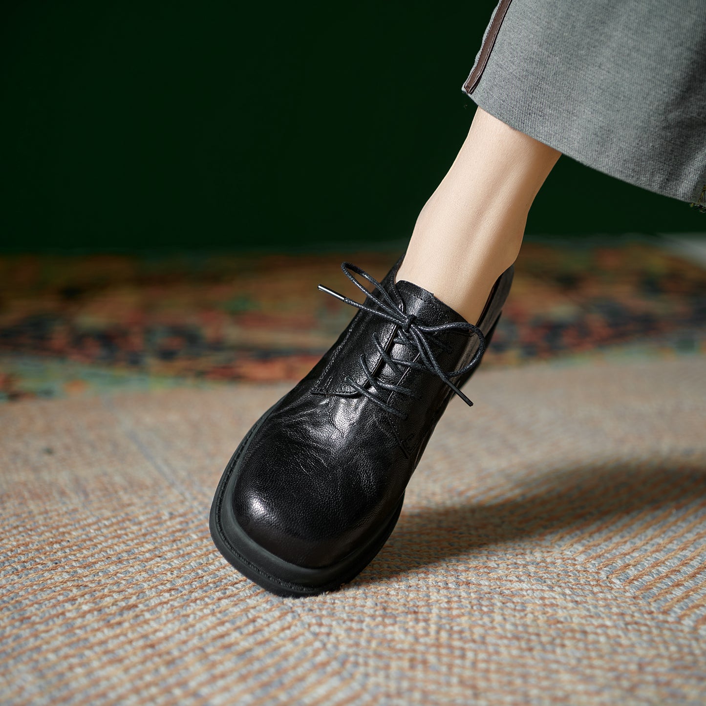 Women's Vintage Block Heels Leather Oxfords & Tie Shoes Lace-up mid-heel