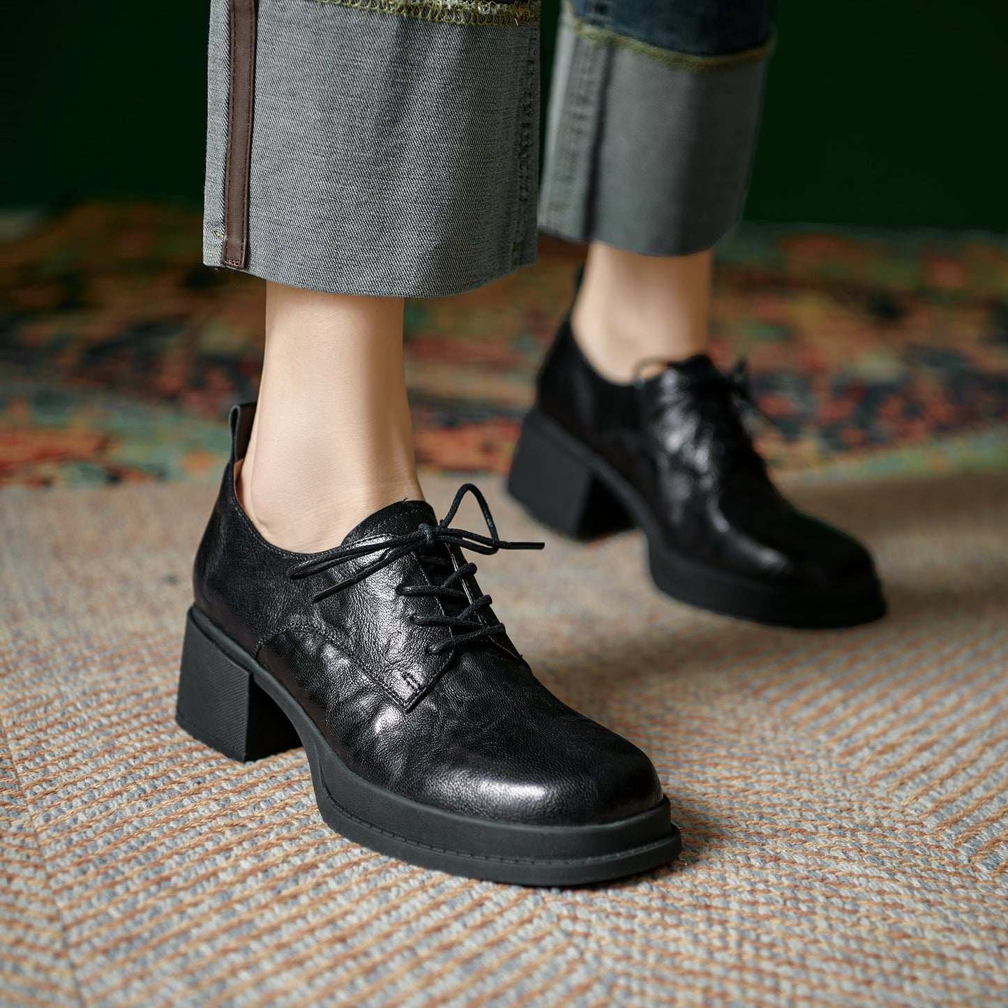 Women's Vintage Block Heels Leather Oxfords & Tie Shoes Lace-up mid-heel