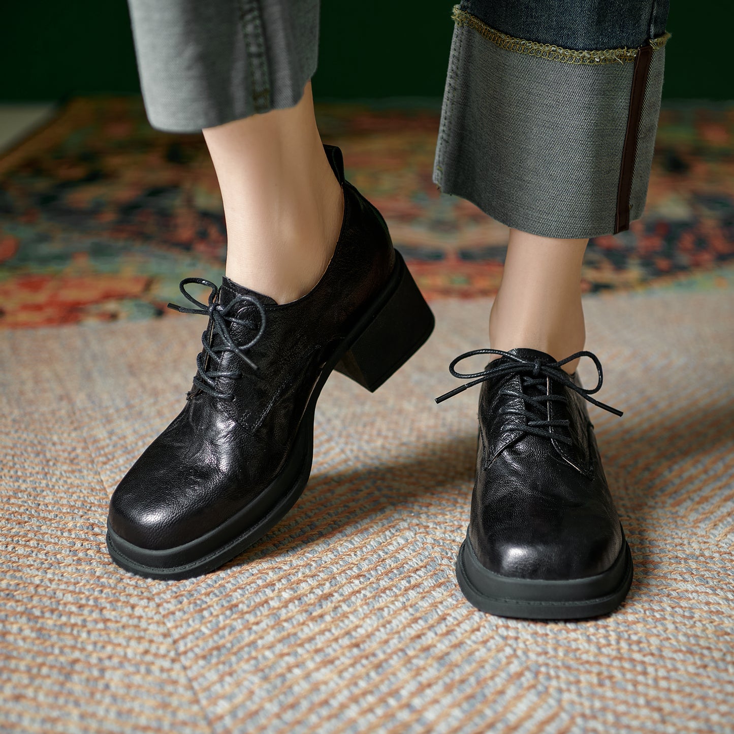 Women's Vintage Block Heels Leather Oxfords & Tie Shoes Lace-up mid-heel