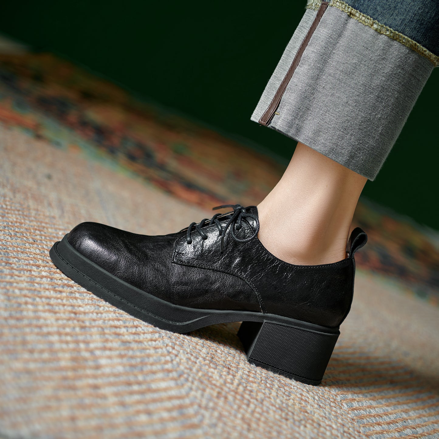 Women's Vintage Block Heels Leather Oxfords & Tie Shoes Lace-up mid-heel