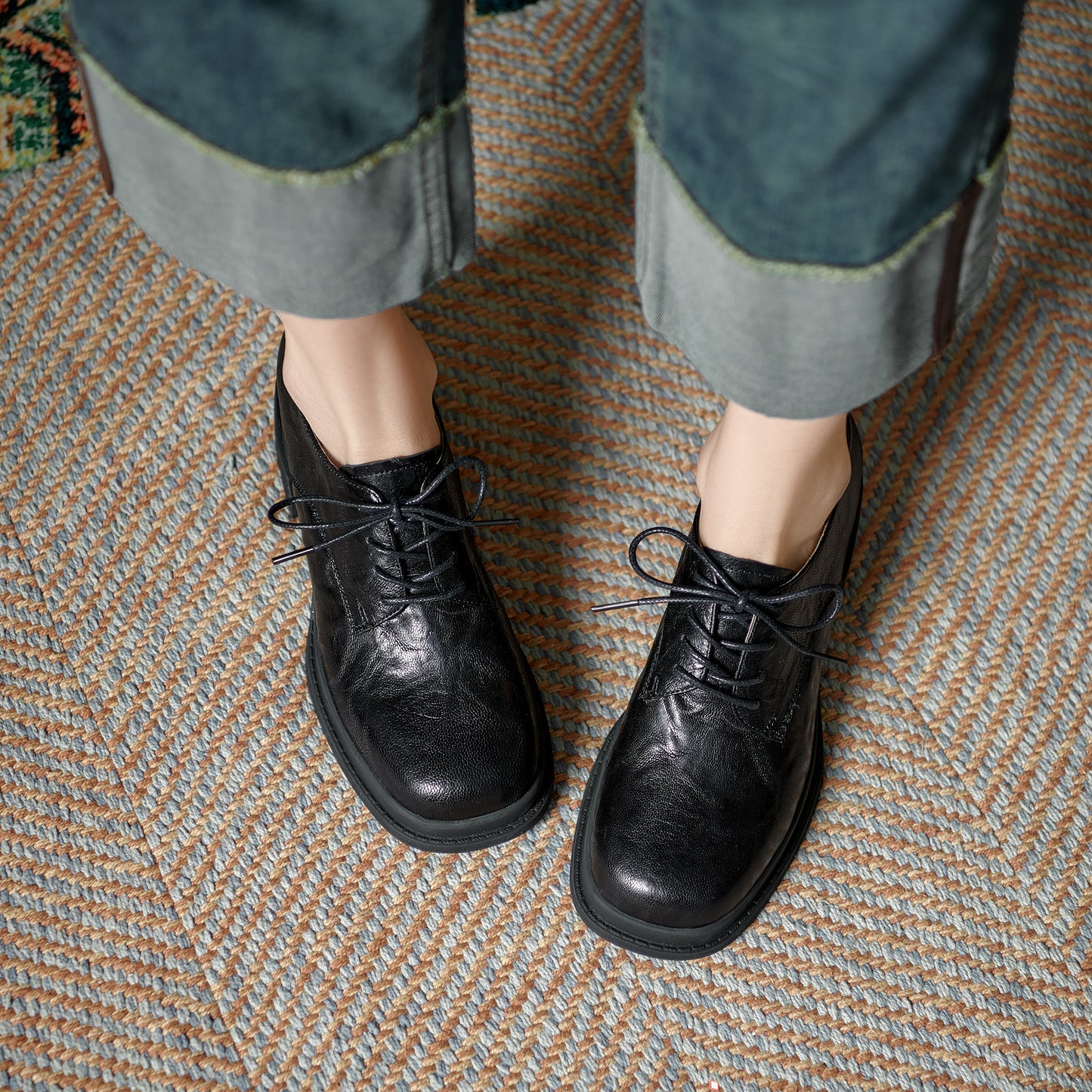 Women's Vintage Block Heels Leather Oxfords & Tie Shoes Lace-up mid-heel