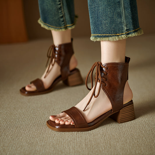 Women's Gladiator Style Leather Vintage Open Toe High Top Lace Up Sandals