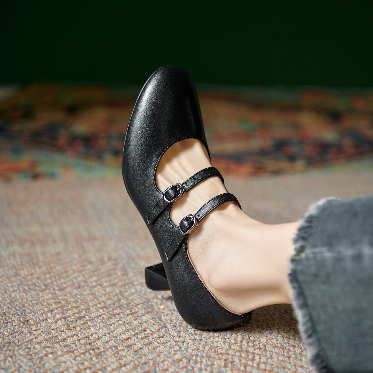 Women's Sheepskin Leather Mary Janes Double-Strap Mid Heel Pumps