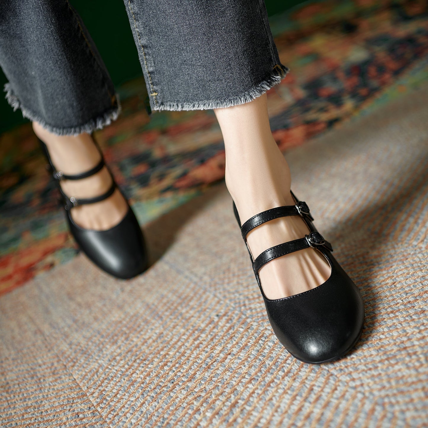 Women's Sheepskin Leather Mary Janes Double-Strap Mid Heel Pumps