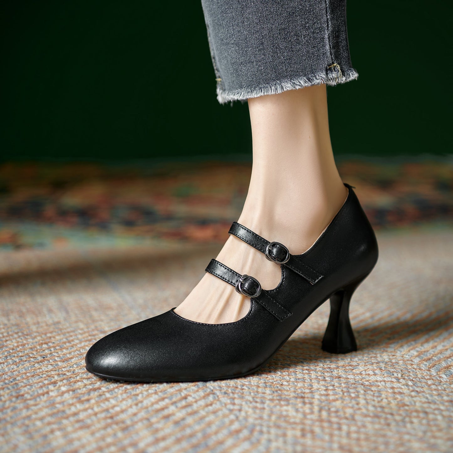 Women's Sheepskin Leather Mary Janes Double-Strap Mid Heel Pumps