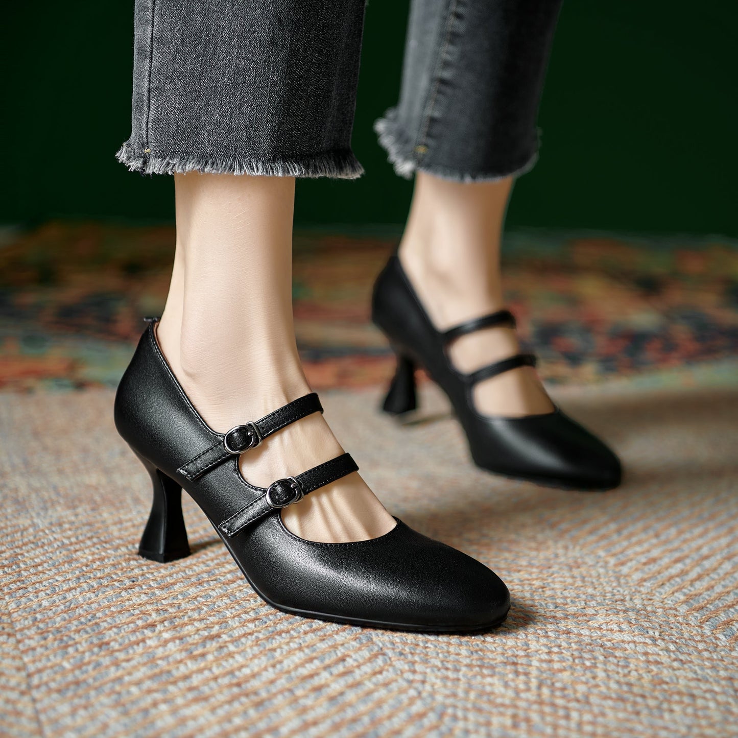 Women's Sheepskin Leather Mary Janes Double-Strap Mid Heel Pumps