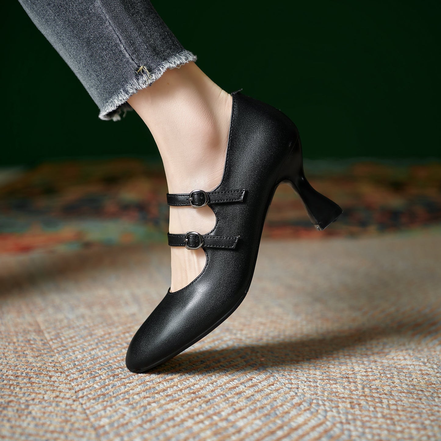 Women's Sheepskin Leather Mary Janes Double-Strap Mid Heel Pumps