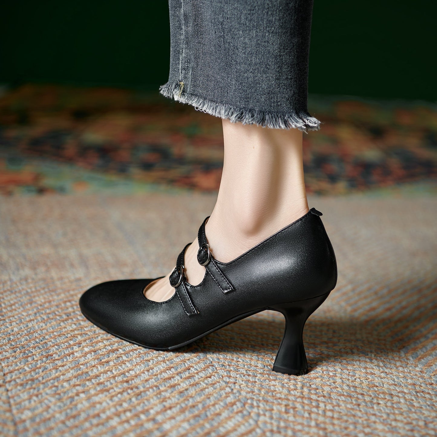 Women's Sheepskin Leather Mary Janes Double-Strap Mid Heel Pumps