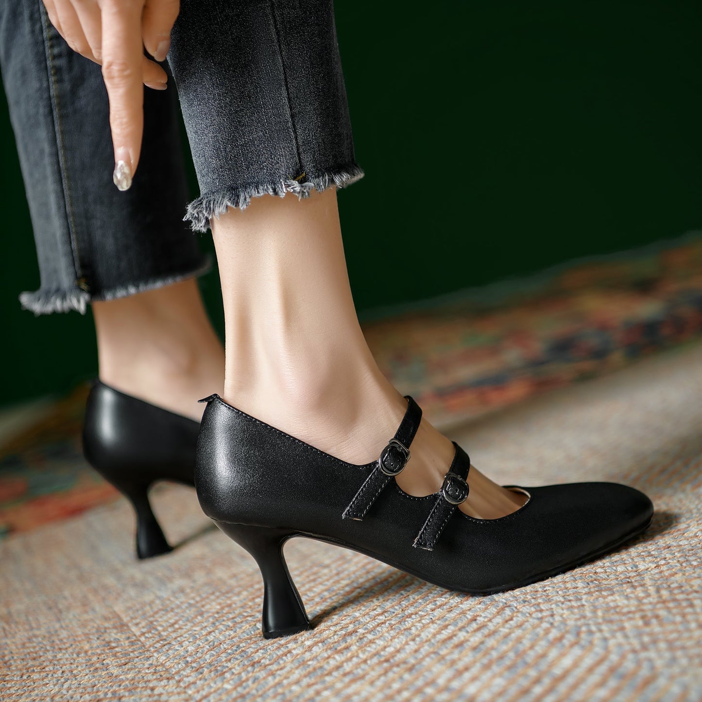 Women's Sheepskin Leather Mary Janes Double-Strap Mid Heel Pumps