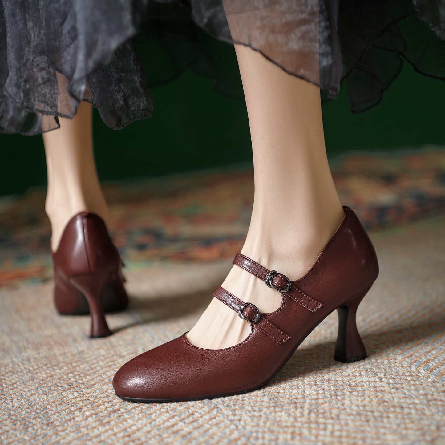 Women's Sheepskin Leather Mary Janes Double-Strap Mid Heel Pumps