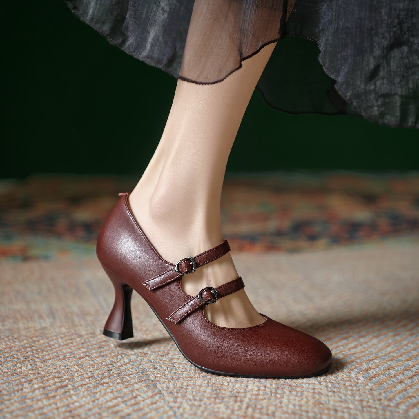 Women's Sheepskin Leather Mary Janes Double-Strap Mid Heel Pumps