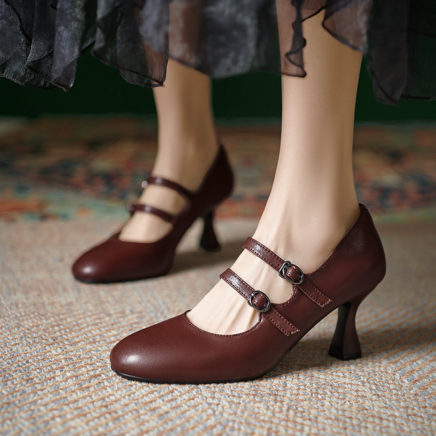 Women's Sheepskin Leather Mary Janes Double-Strap Mid Heel Pumps