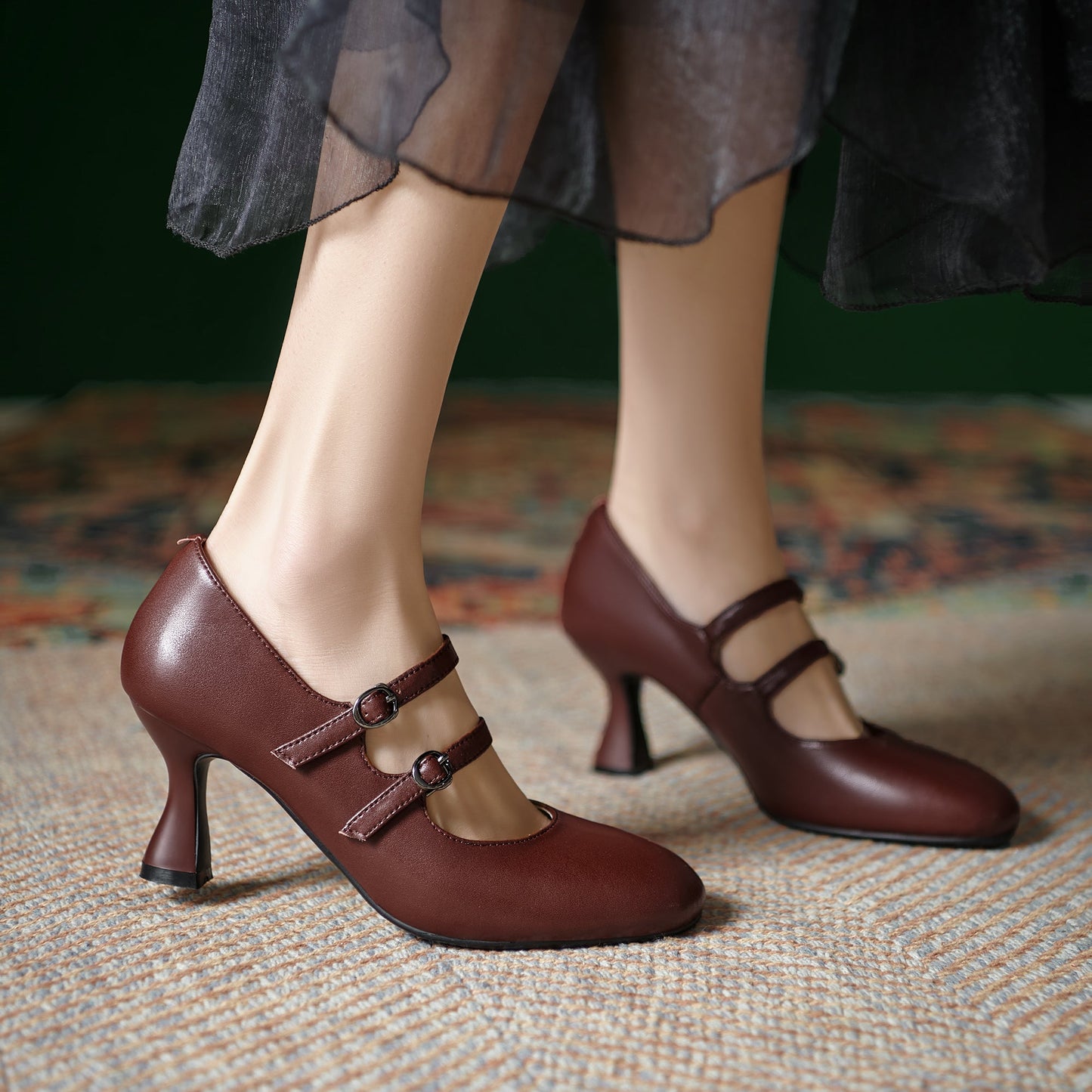 Women's Sheepskin Leather Mary Janes Double-Strap Mid Heel Pumps