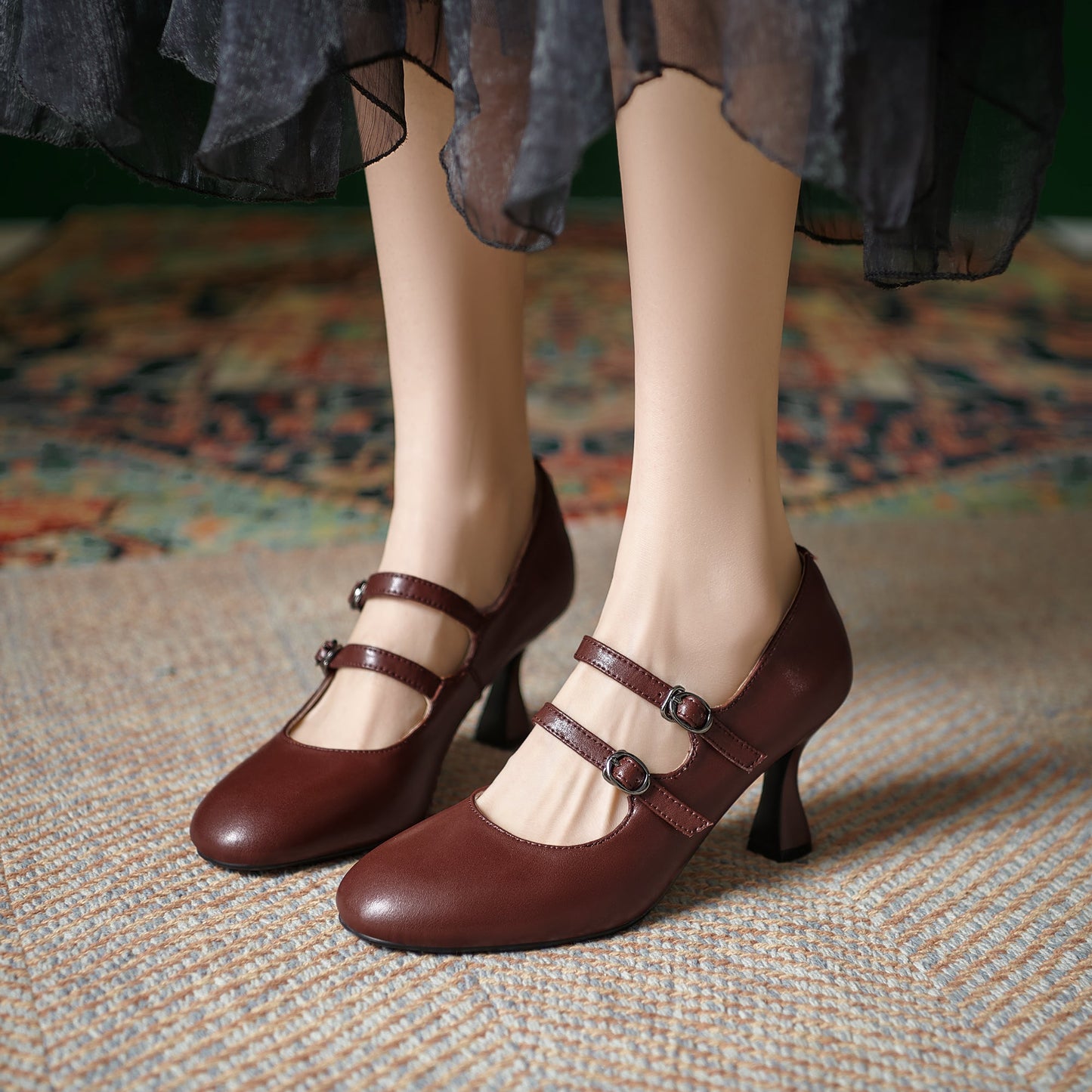 Women's Sheepskin Leather Mary Janes Double-Strap Mid Heel Pumps