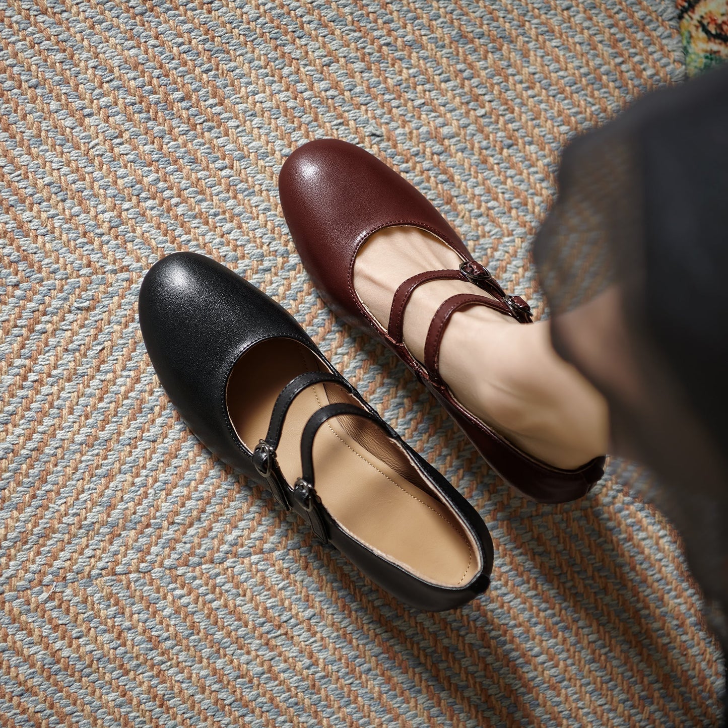 Women's Sheepskin Leather Mary Janes Double-Strap Mid Heel Pumps