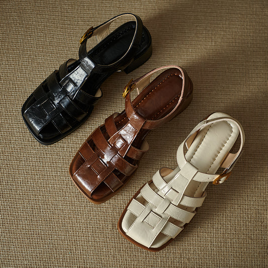 Women's Handmade Leather Thickened Insole Block Heel Fisherman Sandals