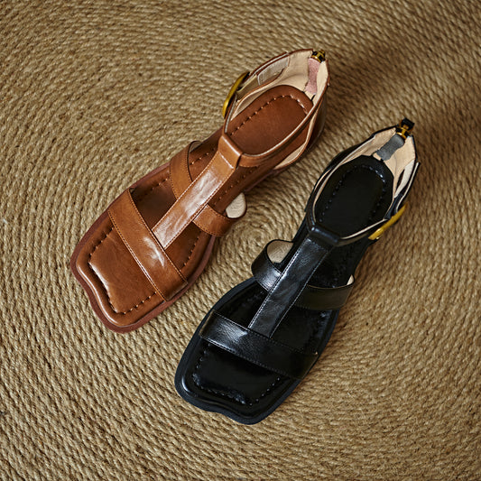 Women's Leather Summer Open Toe Wide Strap Back Zipper Ankle Buckle Sandals