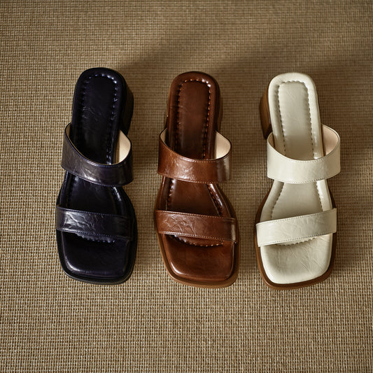 Women's Leather Summer Simple Mid Heeled Sandals Mule