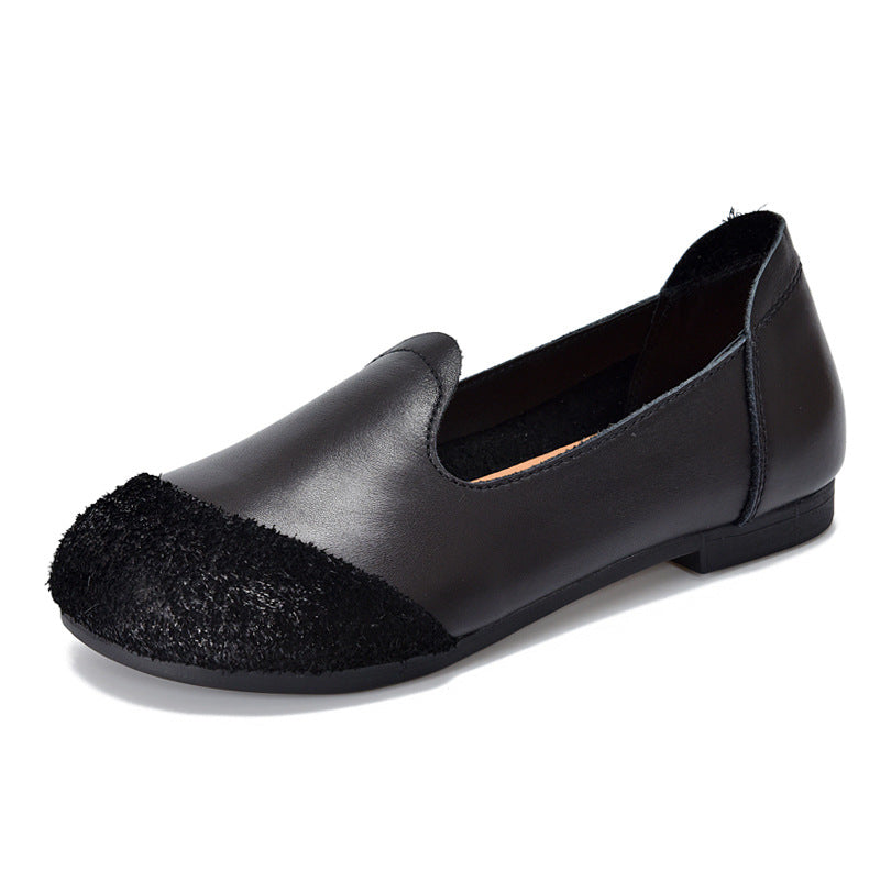 Handmade Leather Vintage Round Toe Patchwork Ballet Flat Shoes Women's Shoes