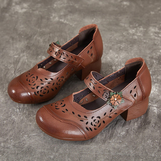 Women's Retro Summer Non-slip Leather Sandals Hollowed Out Block Heeled