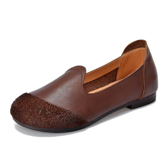 Handmade Leather Vintage Round Toe Patchwork Ballet Flat Shoes Women's Shoes