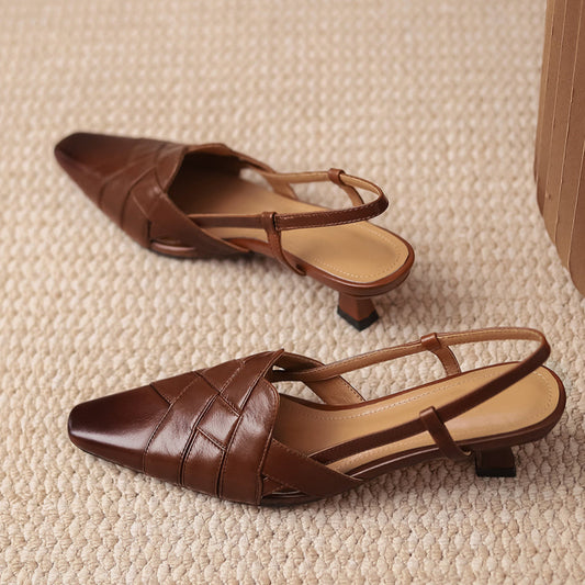 Women's Leather Woven Closed Toe Slingback Kitten Heel Sandals