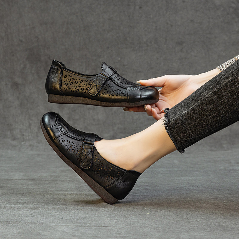 Women's Summer Leather Hollow Out Breathable Slip On Flat Sandals