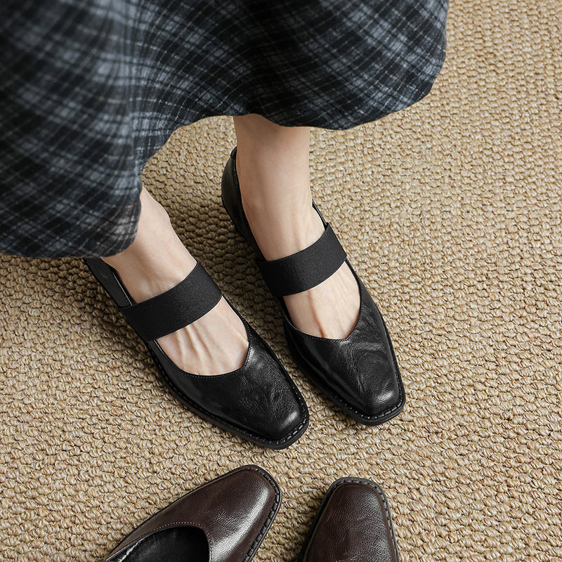 Women’s Sheepskin Square Toe Block Heel Shoes – Elastic Strap Mid Heel Pumps