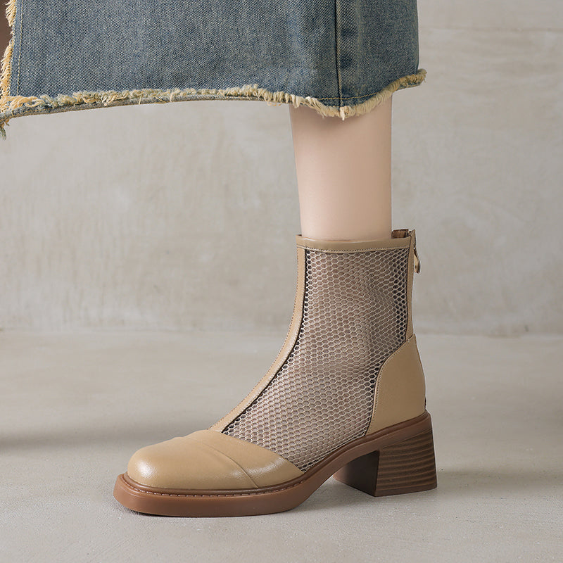 Women's Summer Square Toe Leather Platform Chunky Heeled Mesh Boots